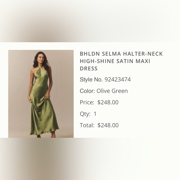 BHLDN Dresses & Skirts - BHLDN Satin halter neck Dress - Olive Green new with tags